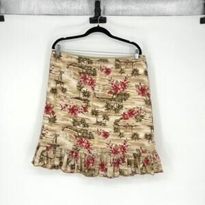 Cotton Lined Brown and Red Hawaiian Print Mini Skirt with Ruffle - Size XL